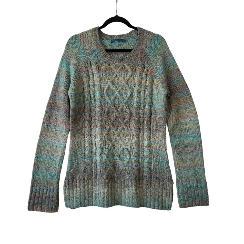 prAna Leisel Ombre Cable Knit Sweater Women's XL Pastel Green Fisherman Rainbow